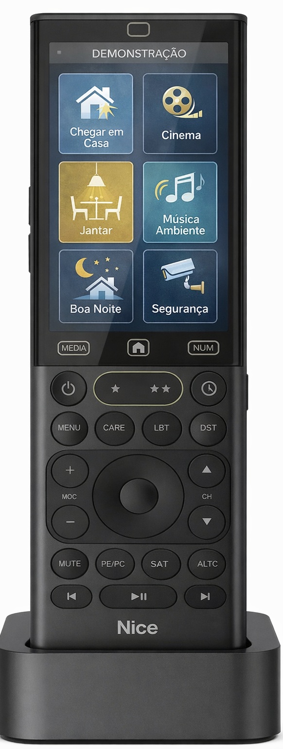 Acesso rápido às funções essenciais - cenas, som, imagem e conforto, sempre à mão.